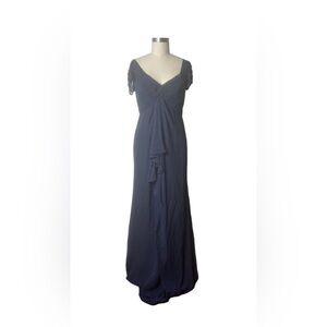 Badgley Mischka Navy Silk Beaded Cap Sleeve Floor LengthDress Size 8